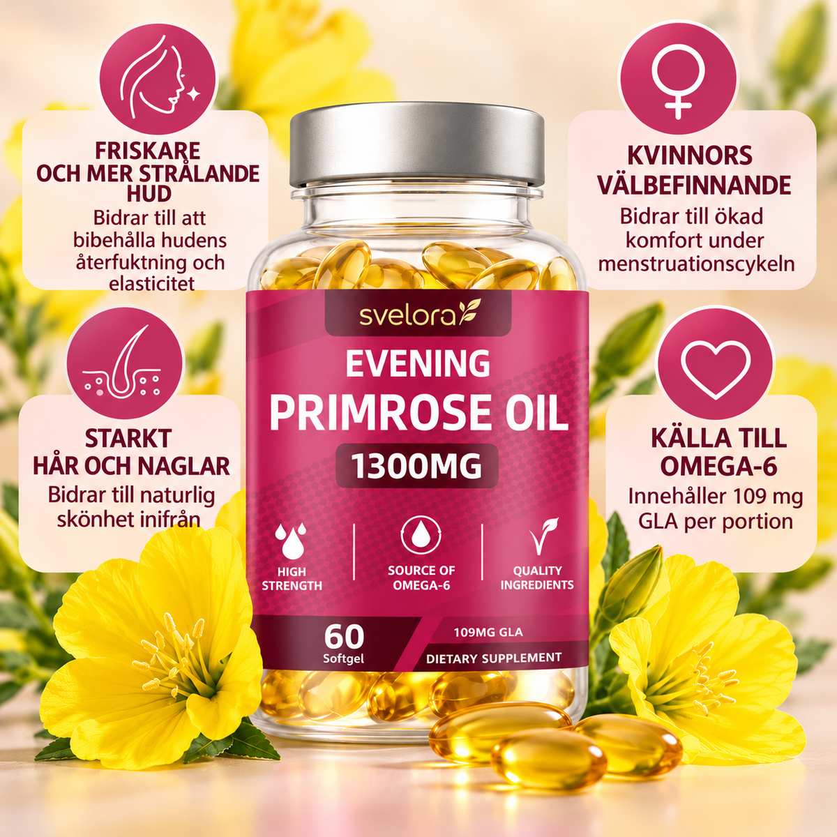 Nattljusolja 1300 mg med GLA – Omega-6 – 60 mjuka kapslar