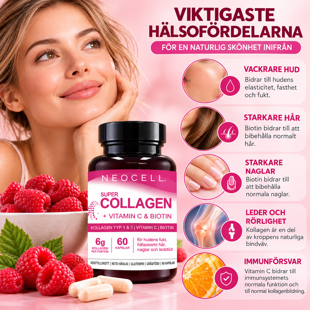 NeoCell Super Collagen med Vitamin C & Biotin – Kollagen Typ I & III – 60 Kapslar