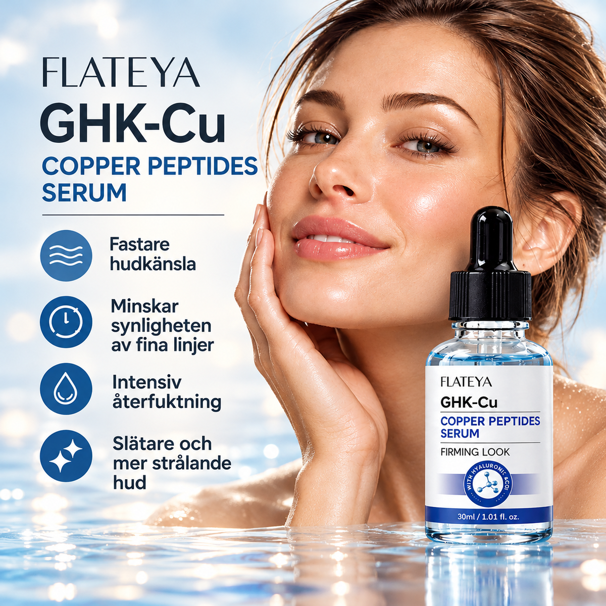 GHK-Cu Kopparpeptidserum med Hyaluronsyra – Anti-Age Ansiktsserum för Fastare och Slätare Hud – 30 ml