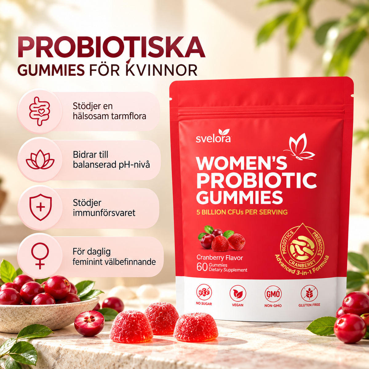 Probiotiska Gummies för Kvinnor – Tranbär, 5 Miljarder CFU, Prebiotika & Vitamin C – 60 st