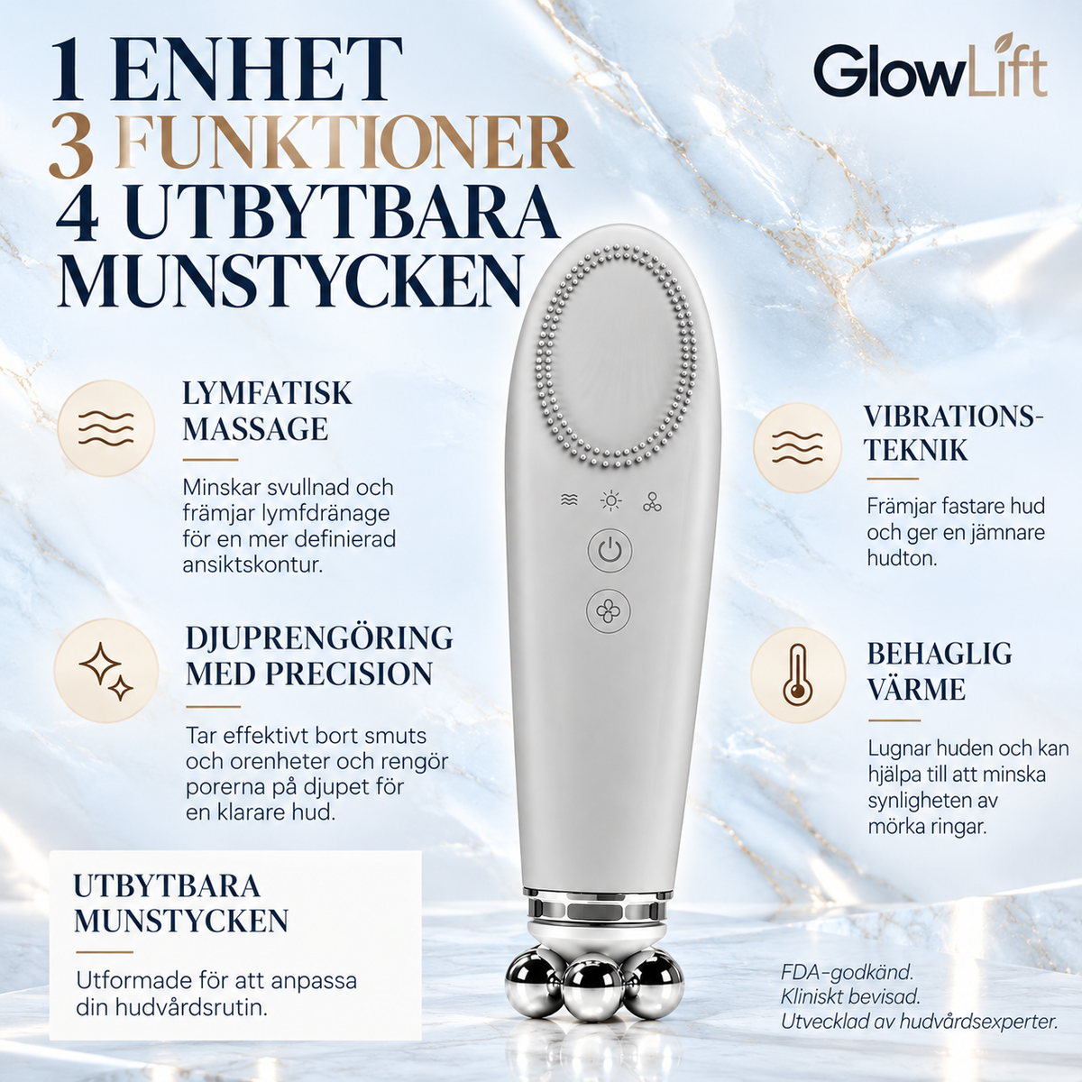 5-i-1 Ansiktsmassageapparat med Värme, Vibration & 4 Utbytbara Munstycken – Ansiktsrengöring & Massage