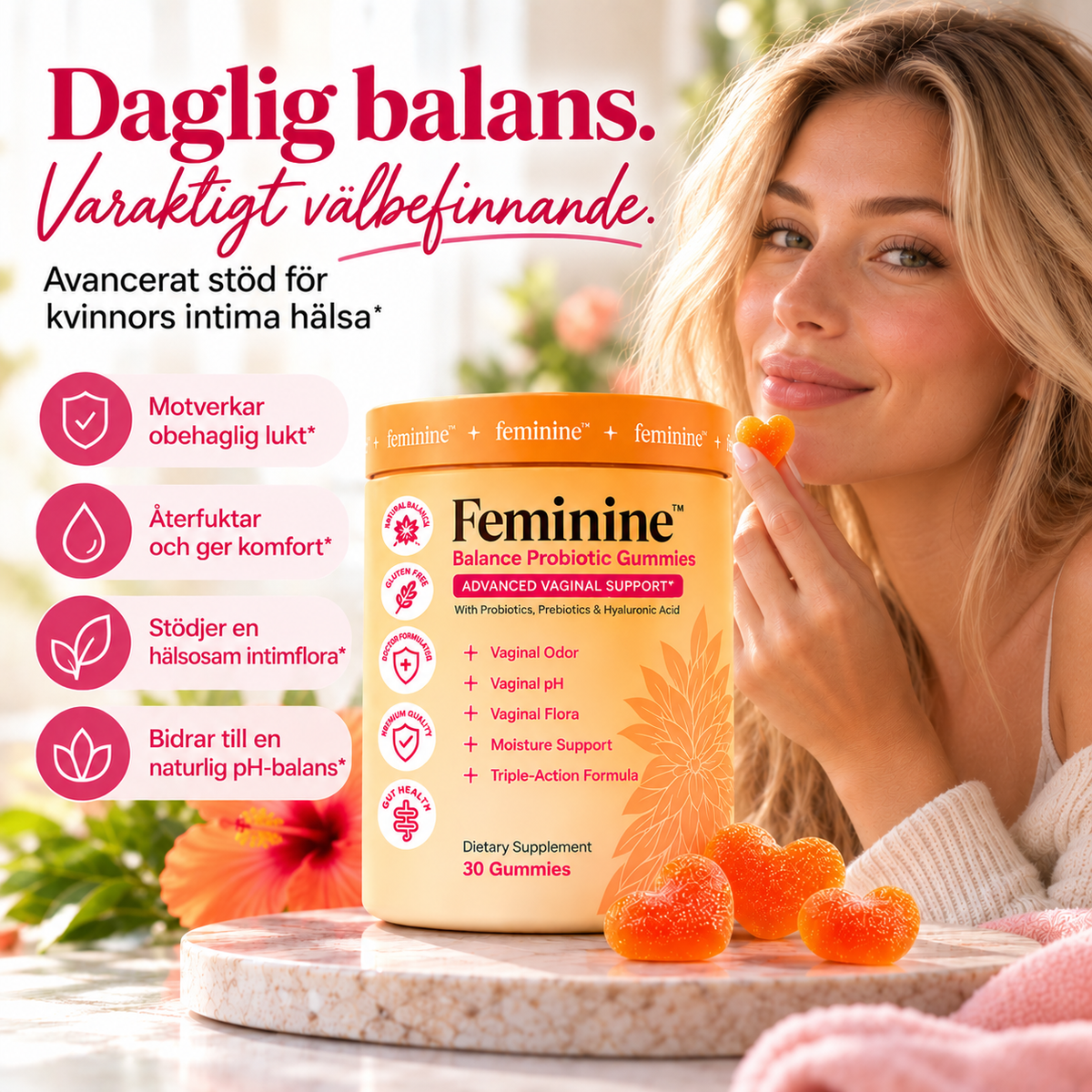 Feminine Balance Probiotic Gummies för Intimhälsa – Probiotika, Prebiotika & Hyaluronsyra, 30 st