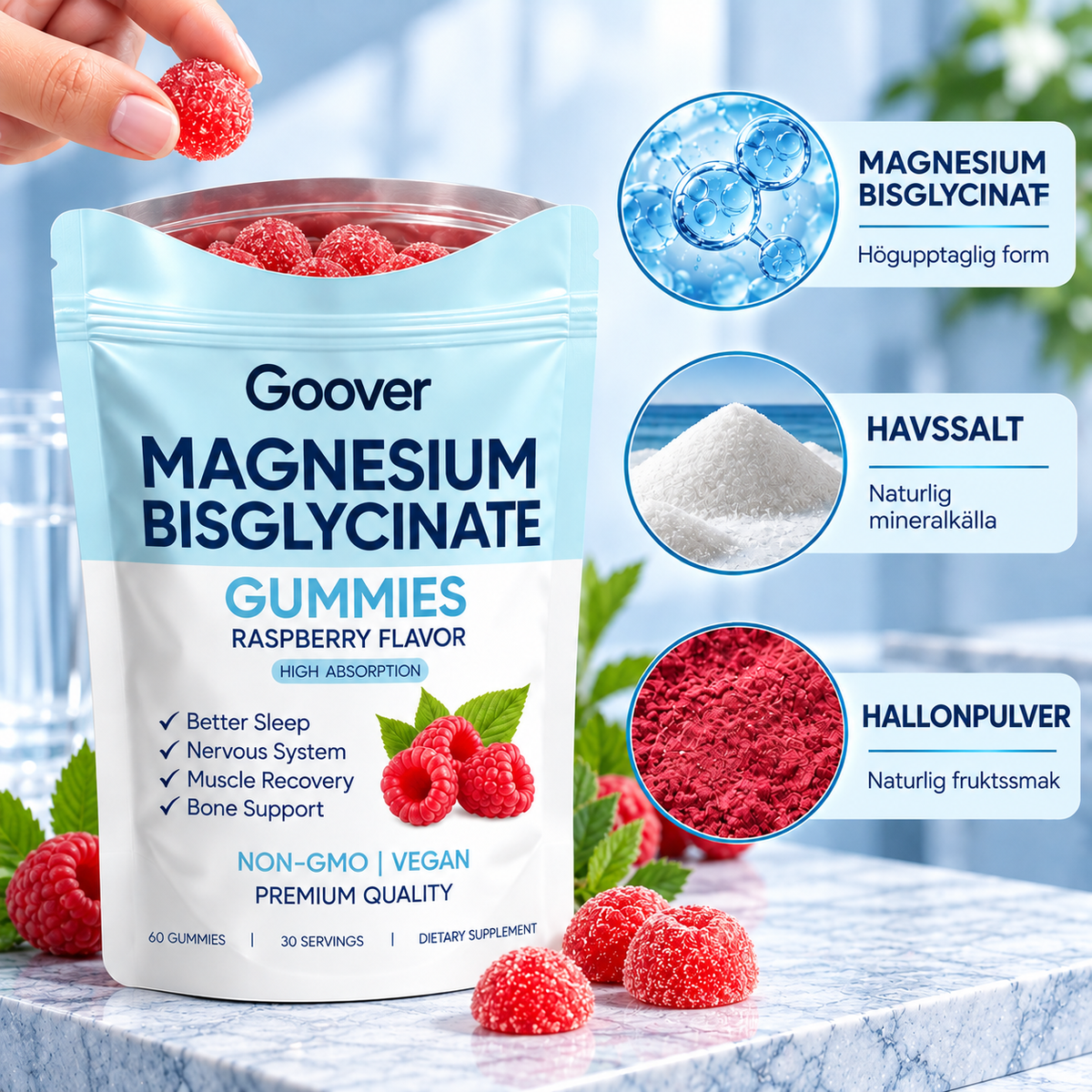 Magnesium Bisglycinat Gummies 400 mg – Hallonsmak, 60 Gummies