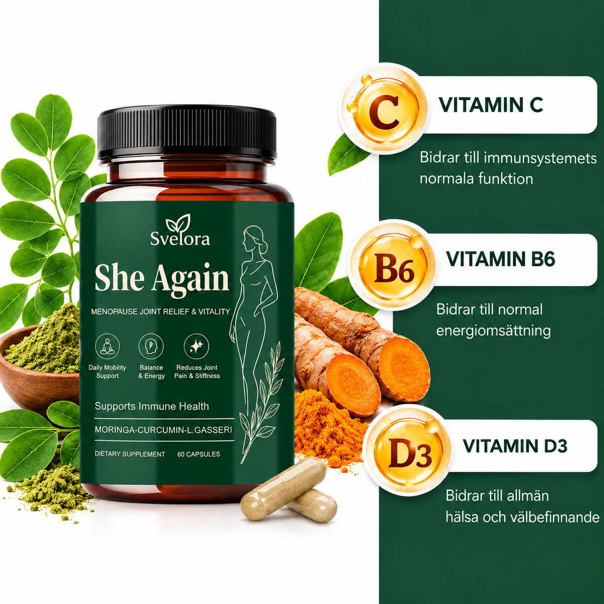 She Again Menopause Formula – Moringa, Curcumin & L. Gasseri – 60 kapslar