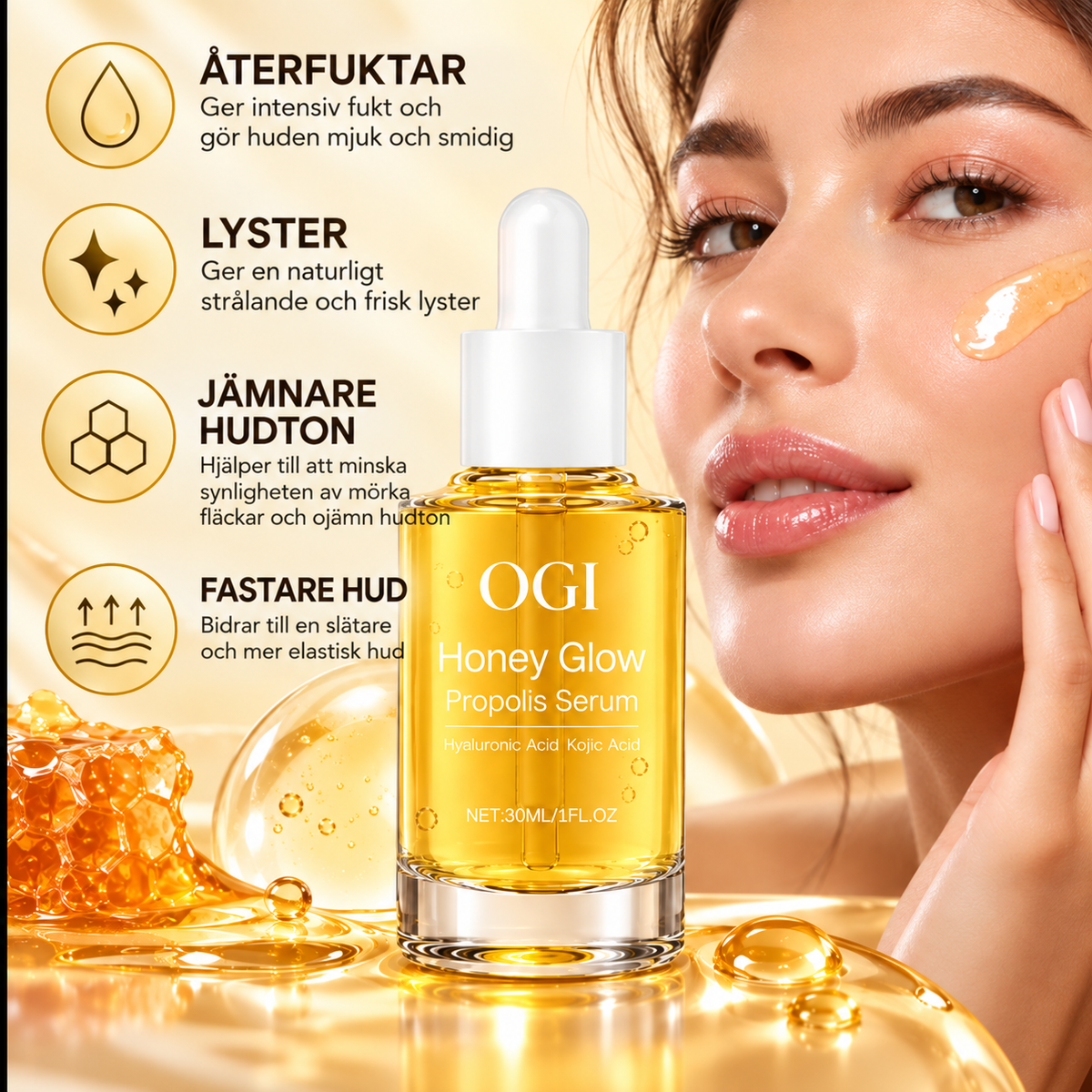 Honey Glow Ansiktsserum med Propolis, Hyaluronsyra & Kojicsyra – 30 ml