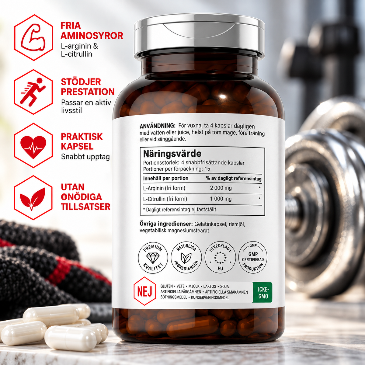 L-Arginin & L-Citrullin Complex – 3000 mg – 60 Kapslar – Kosttillskott