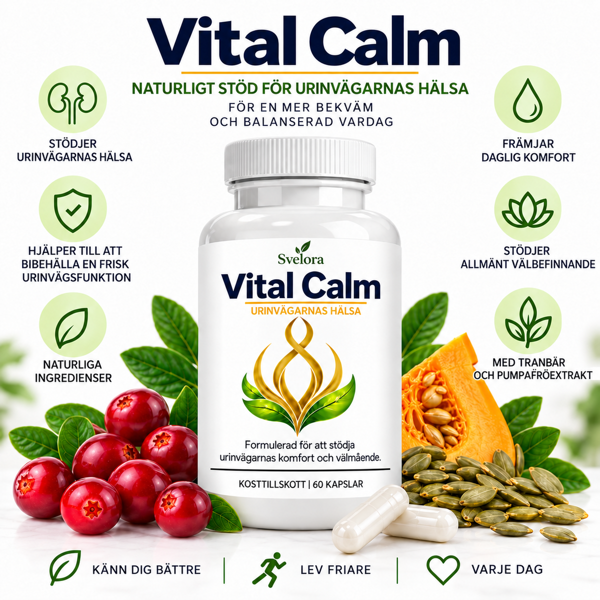 Vital Calm Kosttillskott – Tranbär, Pumpafröextrakt & Magnesium – 60 Kapslar