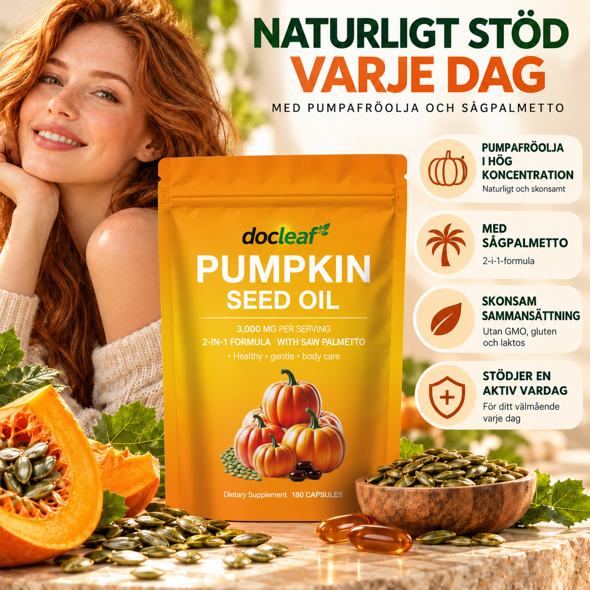 Pumpafröolja 3000 mg med Sågpalmetto 300 mg – 180 Softgels