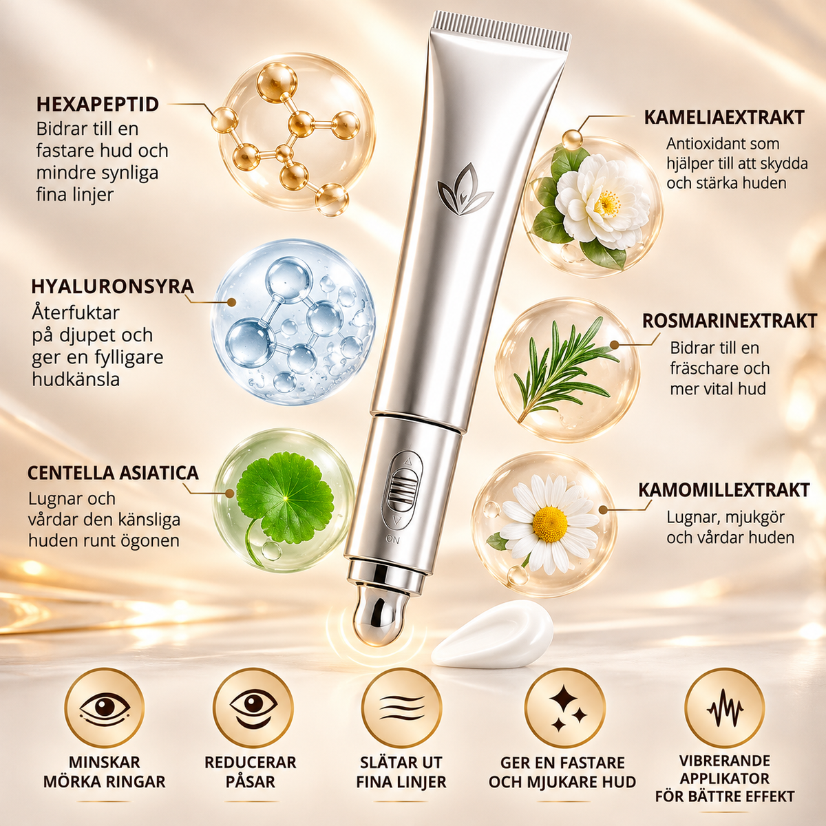 Peptid Ögonkräm med Vibrerande Massageapplikator – Hyaluronsyra & Acetyl Hexapeptide-1 – 20 g