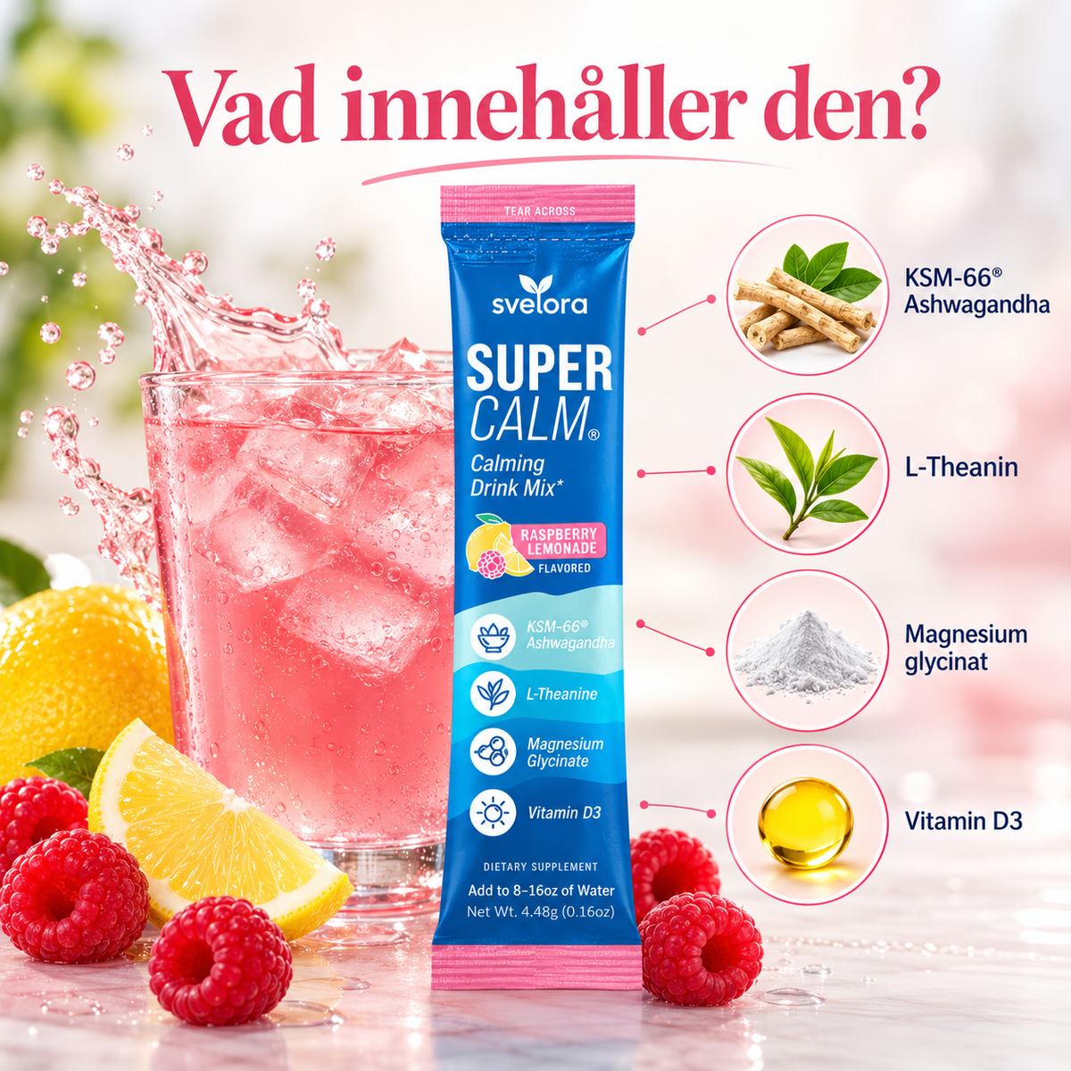 SuperCalm Raspberry Lemonade – Ashwagandha, L-Theanine, Magnesium & Vitamin D3 – 20 Portioner