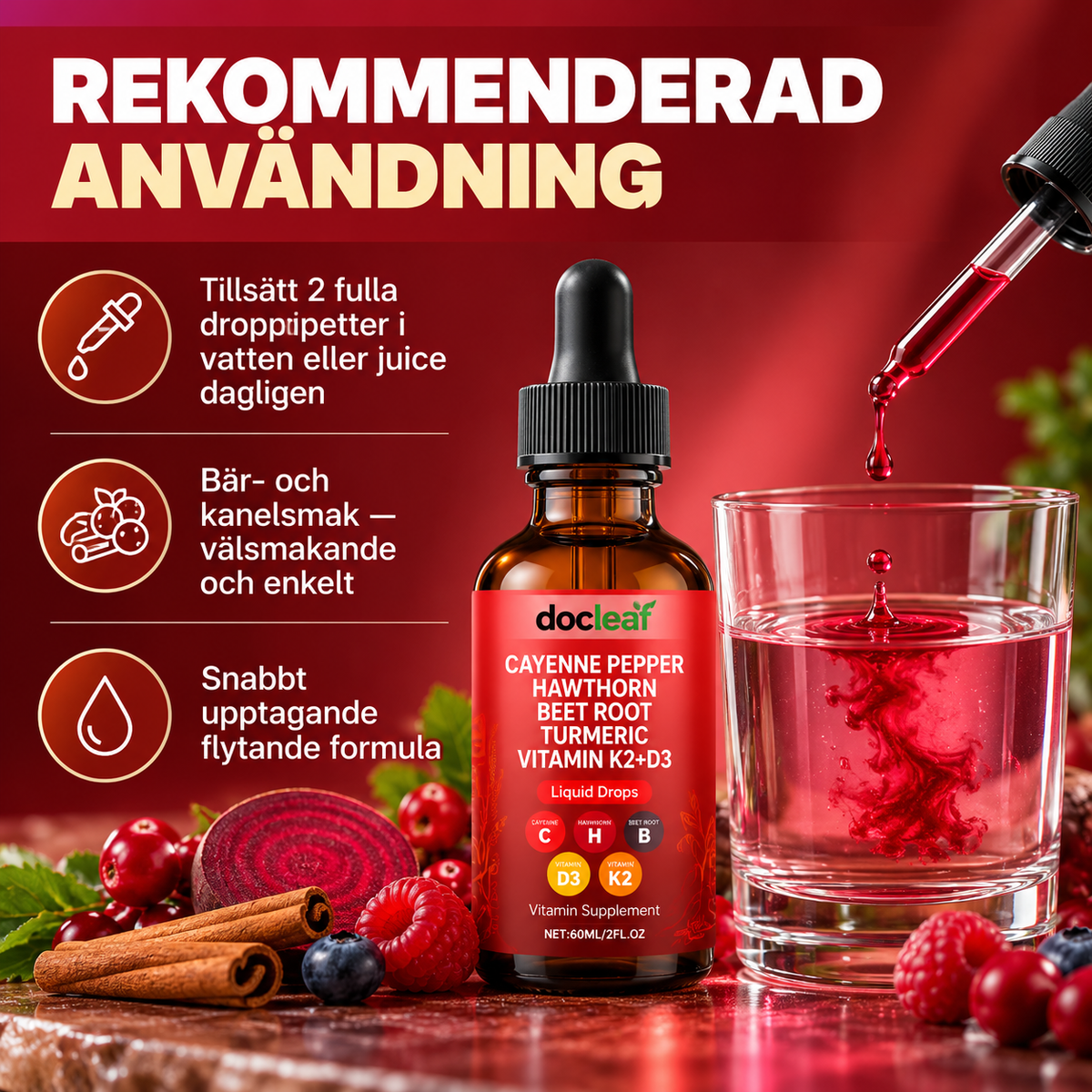 Cayennepeppar Droppar med Hagtorn, Rödbeta, Gurkmeja, Vitamin D3 + K2 – 60 ml