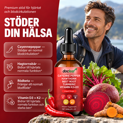 Cayennepeppar Droppar med Hagtorn, Rödbeta, Gurkmeja, Vitamin D3 + K2 – 60 ml