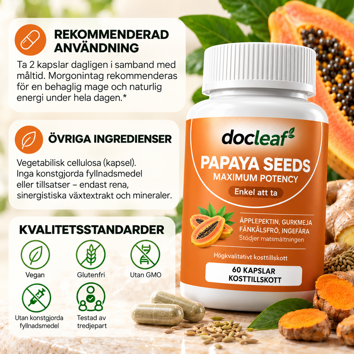 Papayafrön med Gurkmeja, Ingefära & Fänkål – 60 Kapslar