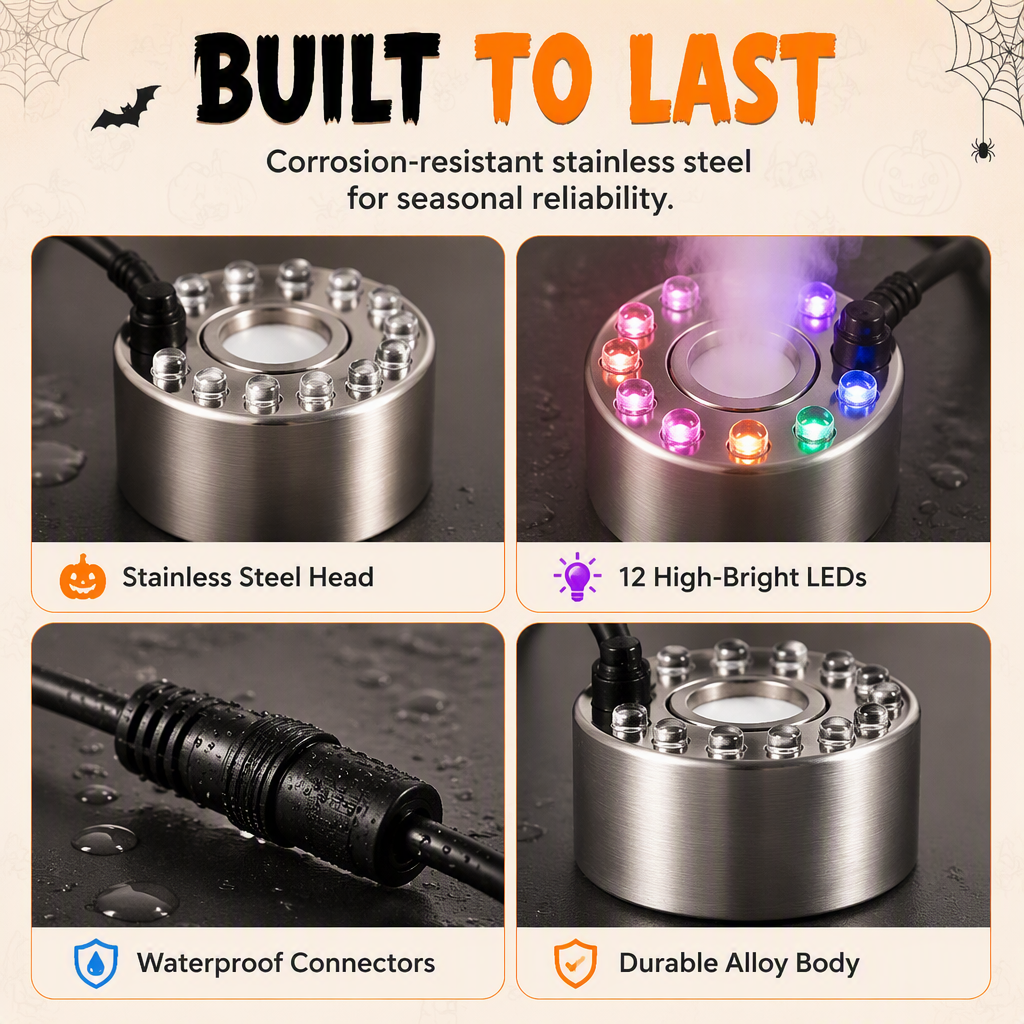 ⏳🔥BEGRÄNSAD TID 50% RABATT! ⏰💨 12-LED Ultraljud Mist Maker Fogger – Skapar sval dimma & färggligt ljus – Perfekt för luftfuktare, fontäner eller Halloween-dekoration – går tyst i vatten 💧✨