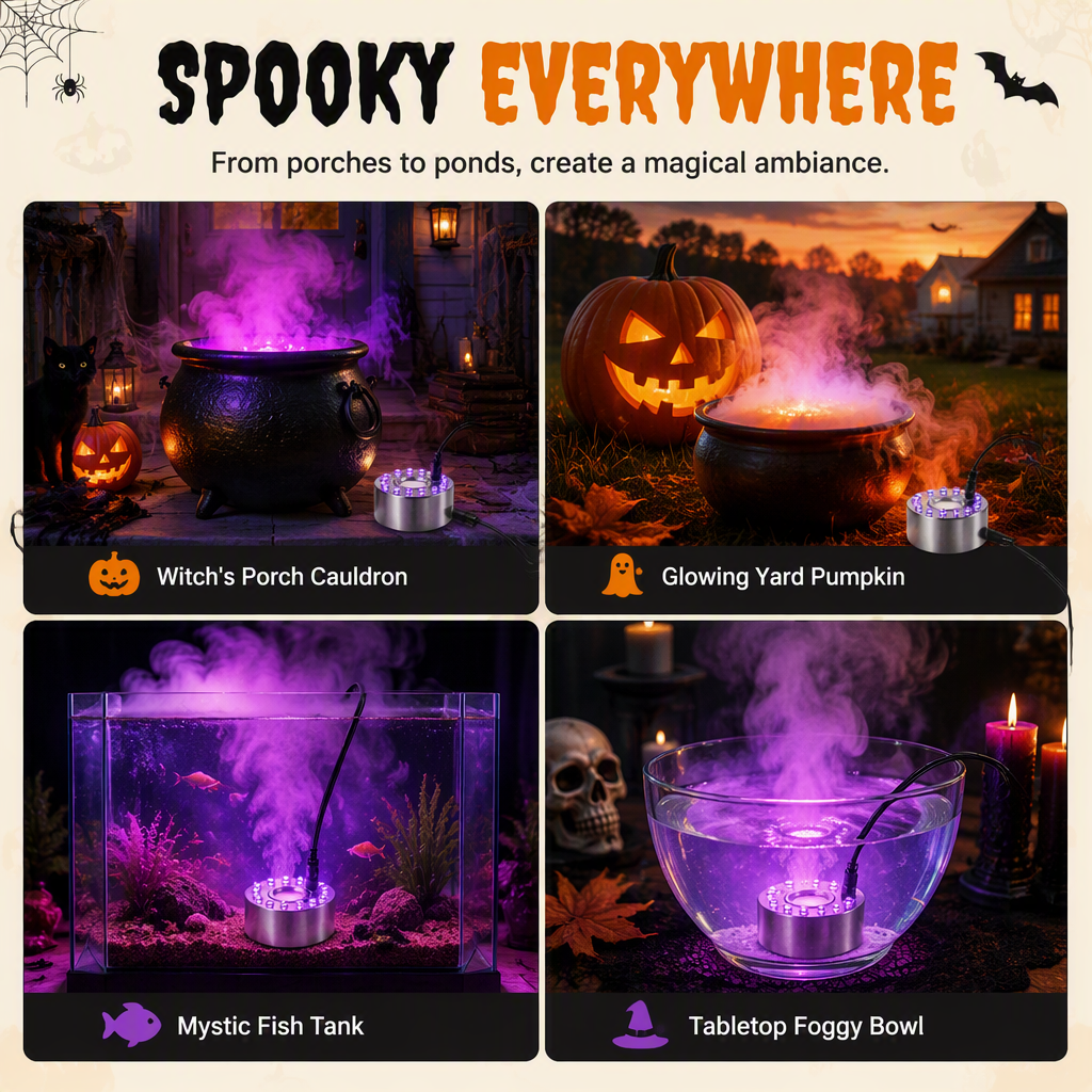 ⏳🔥BEGRÄNSAD TID 50% RABATT! ⏰💨 12-LED Ultraljud Mist Maker Fogger – Skapar sval dimma & färggligt ljus – Perfekt för luftfuktare, fontäner eller Halloween-dekoration – går tyst i vatten 💧✨