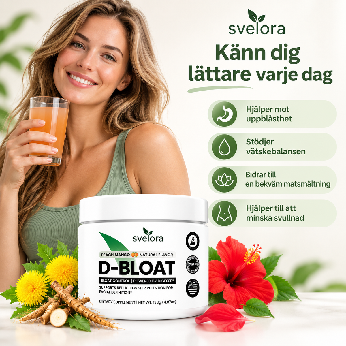 D-Bloat Kosttillskott Pulver – Persika & Mango – Maskros, Nässla, Hibiskus, Magnesium & Vitamin C – 30 Portioner
