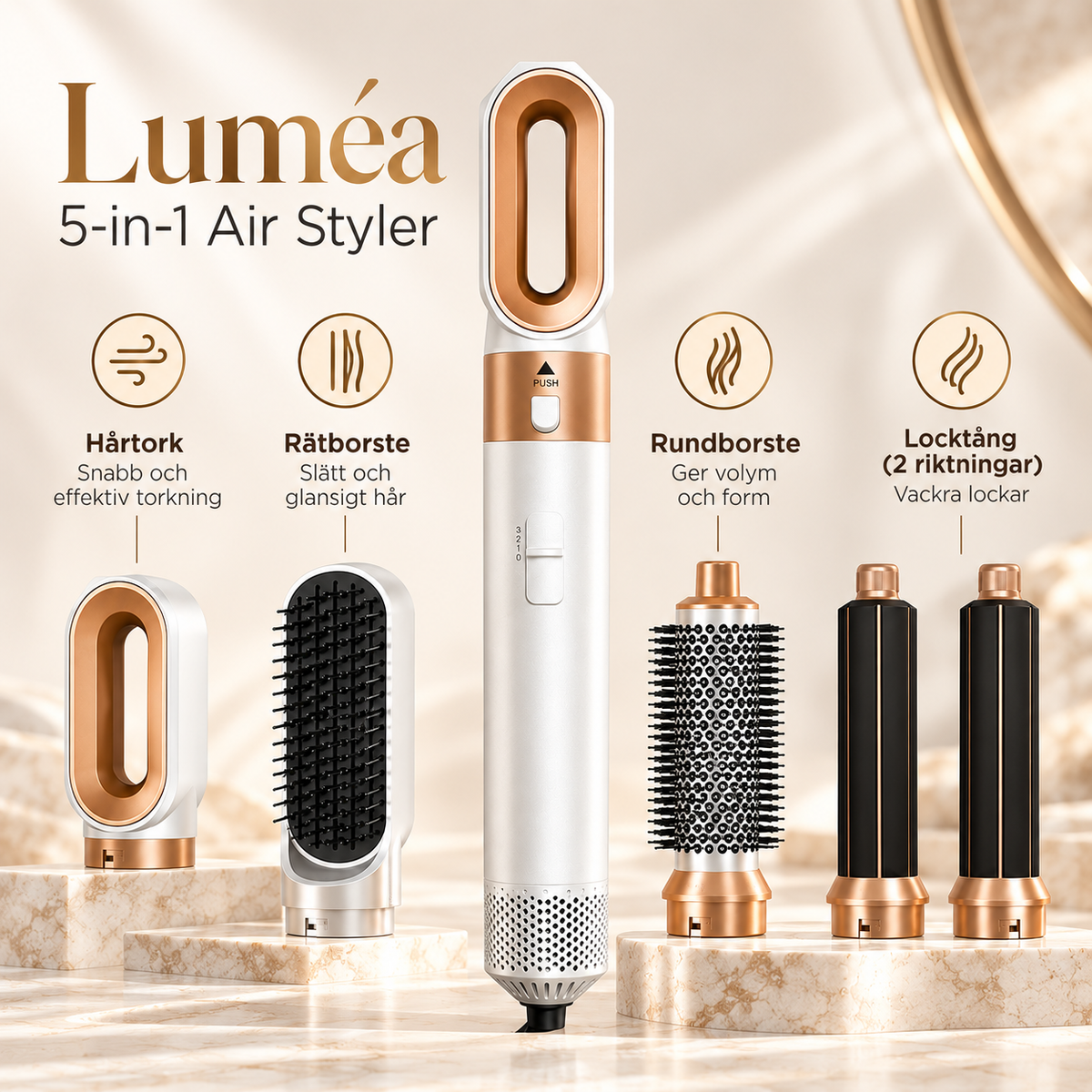 5-in-1 Air Styler med Hårtork, Locktång, Rätborste & Rundborste – Vit/Guld