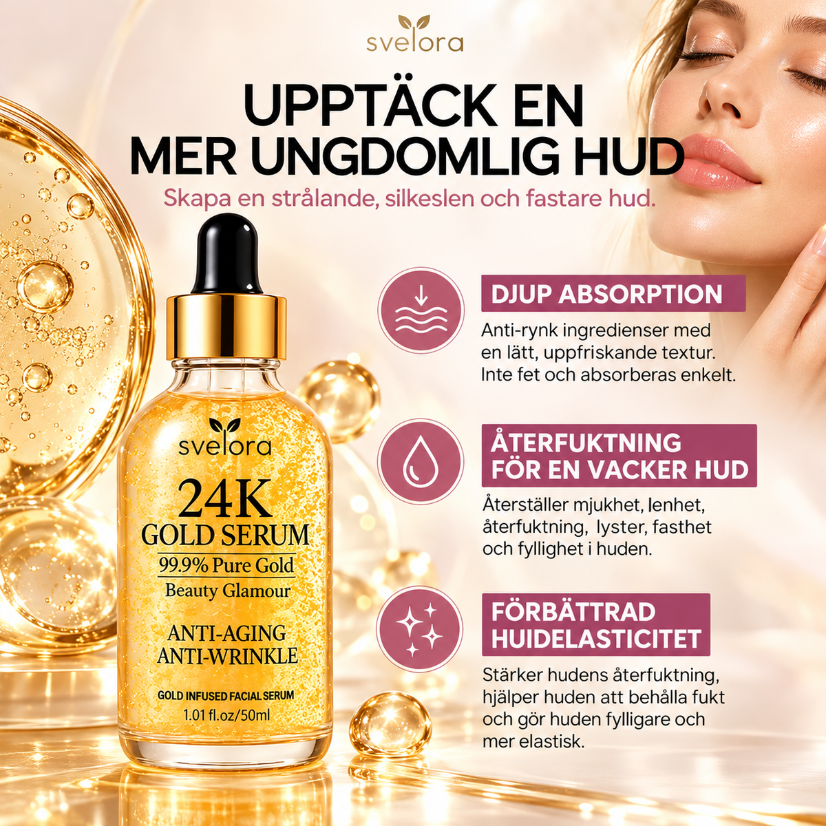 24K Gold Serum – Ansiktsserum med Hyaluronsyra & Niacinamid – 50 ml