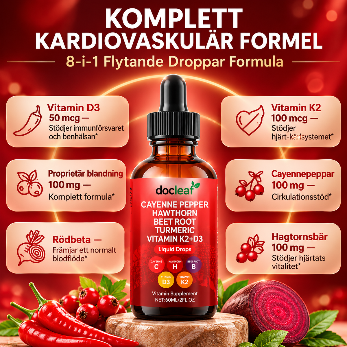 Cayennepeppar Droppar med Hagtorn, Rödbeta, Gurkmeja, Vitamin D3 + K2 – 60 ml