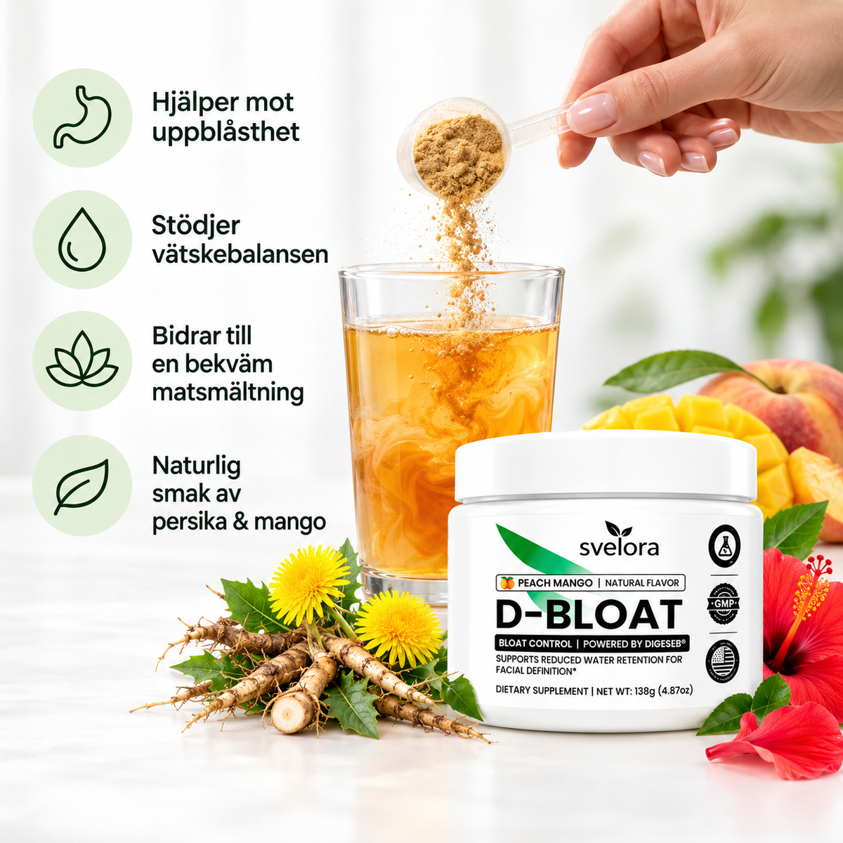 D-Bloat Kosttillskott Pulver – Persika & Mango – Maskros, Nässla, Hibiskus, Magnesium & Vitamin C – 30 Portioner