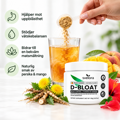 D-Bloat Kosttillskott Pulver – Persika & Mango – Maskros, Nässla, Hibiskus, Magnesium & Vitamin C – 30 Portioner