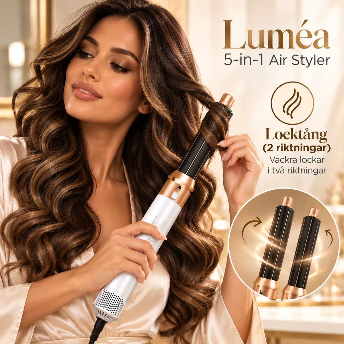 5-in-1 Air Styler med Hårtork, Locktång, Rätborste & Rundborste – Vit/Guld