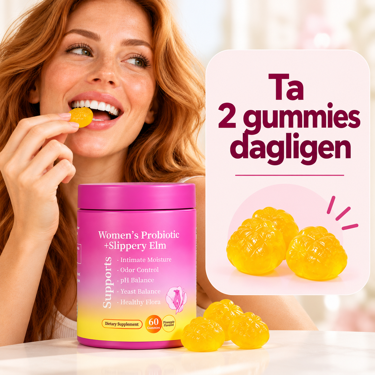Lactobacillus Gummies för Kvinnor med Slippery Elm, Prebiotika & Ananasextrakt – 60 st