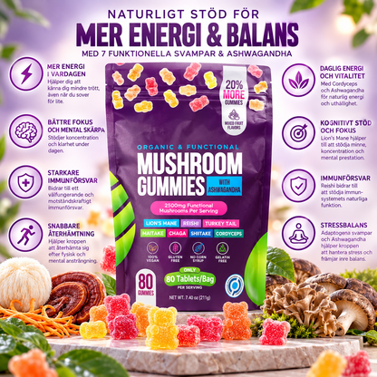 7-i-1 Mushroom Gummies 2500 mg med Lion’s Mane & Ashwagandha – 80 st