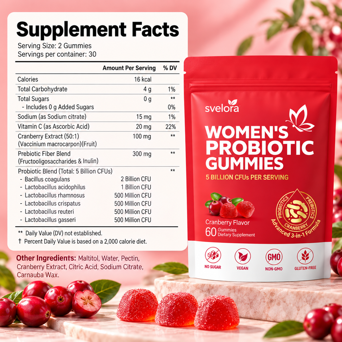 Probiotiska Gummies för Kvinnor – Tranbär, 5 Miljarder CFU, Prebiotika & Vitamin C – 60 st