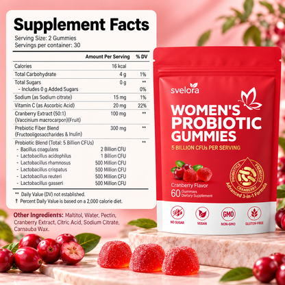 Probiotiska Gummies för Kvinnor – Tranbär, 5 Miljarder CFU, Prebiotika & Vitamin C – 60 st