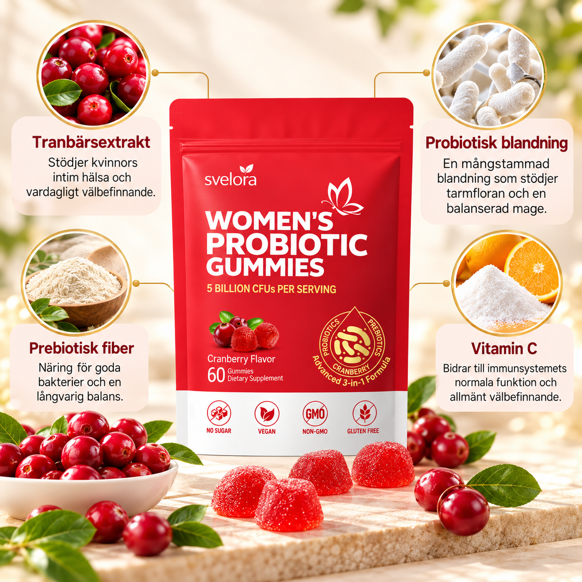 Probiotiska Gummies för Kvinnor – Tranbär, 5 Miljarder CFU, Prebiotika & Vitamin C – 60 st