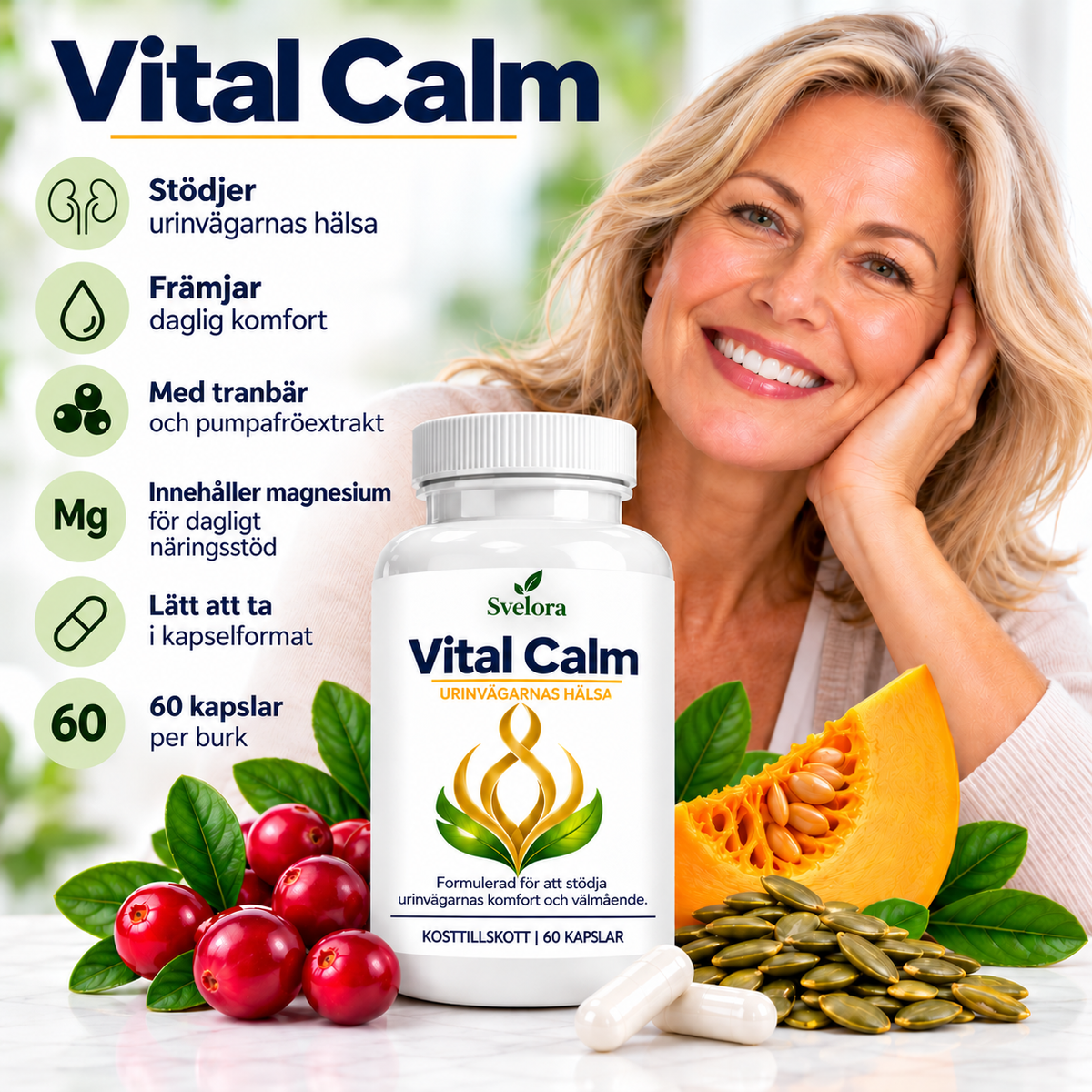 Vital Calm Kosttillskott – Tranbär, Pumpafröextrakt & Magnesium – 60 Kapslar