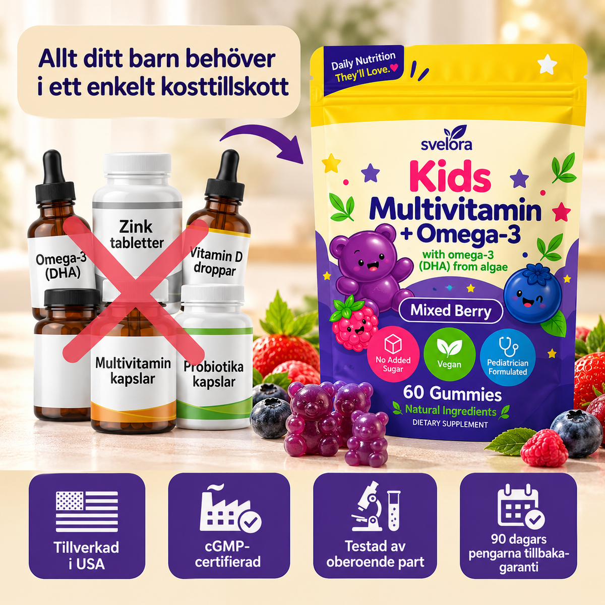 Multivitamin + Omega-3 Gummies för Barn – 60 st | Vegansk DHA från Alger