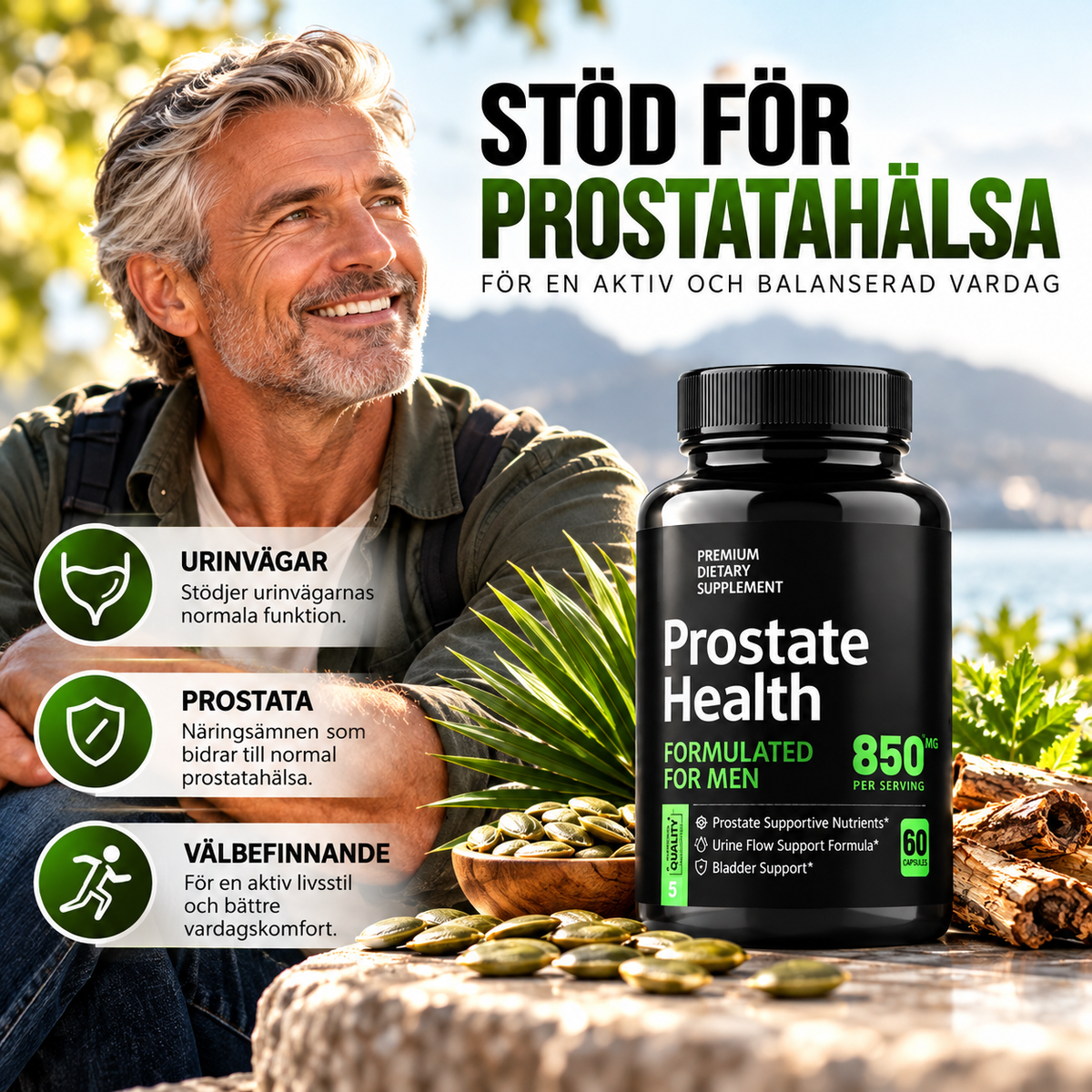 Prostata Kosttillskott för Män – Sågpalmetto, Pumpafrön, Pygeum, Zink & Selen – 60 Kapslar
