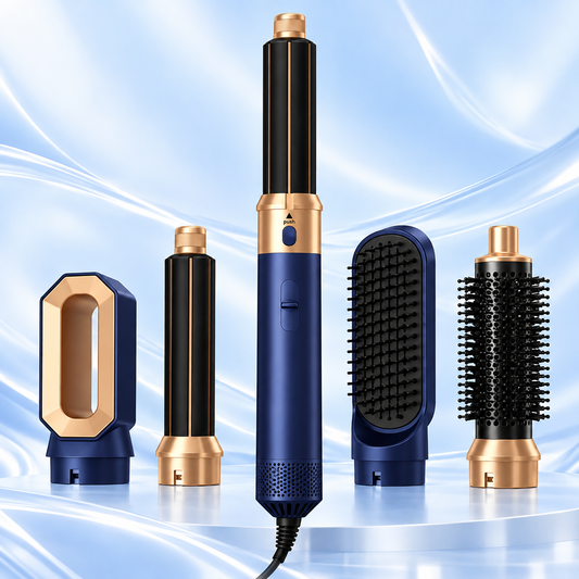 5-in-1 Air Styler med Hårtork, Locktång, Rätborste & Rundborste – Blå/Guld