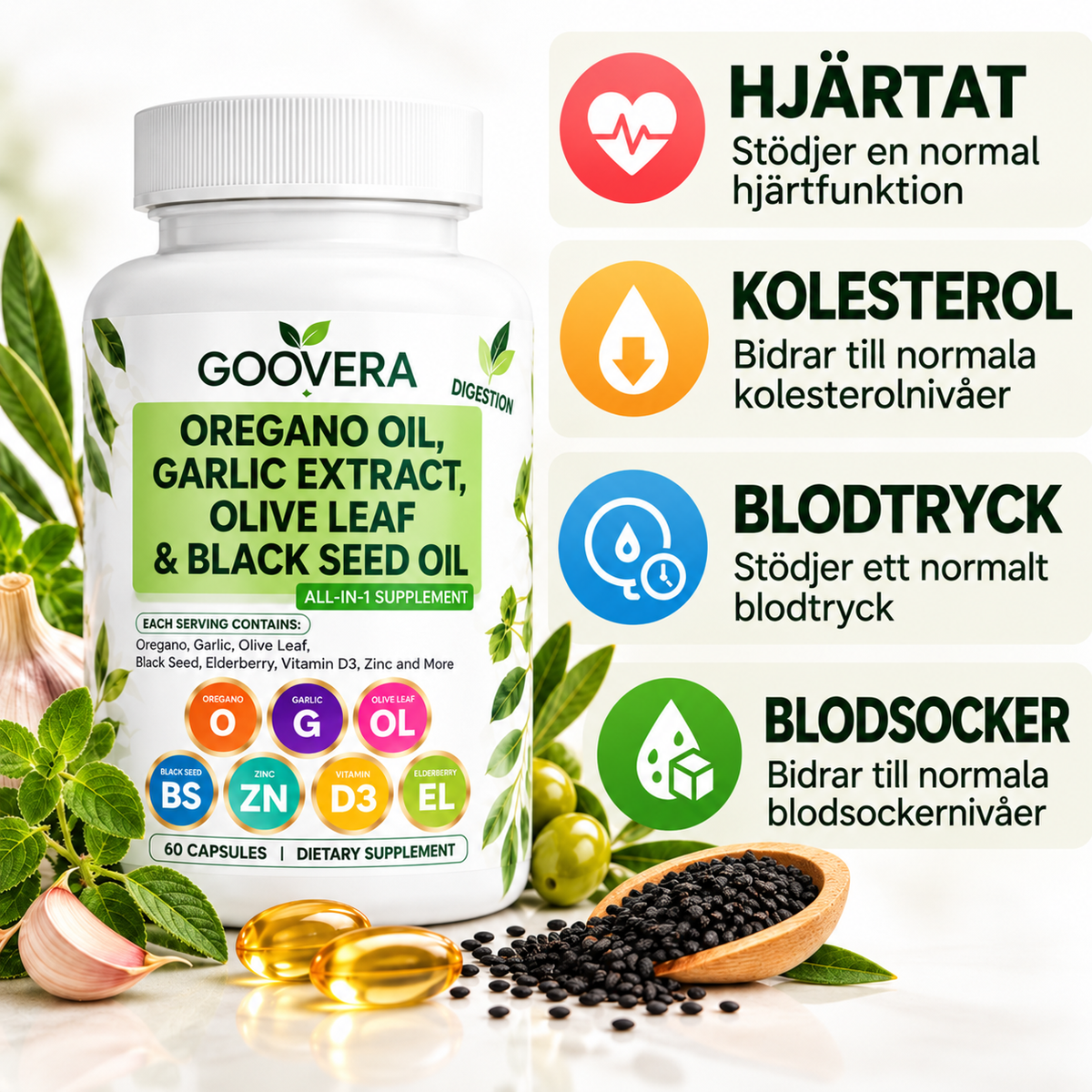 Oreganoolja med Vitlöksextrakt, Olivblad & Svartkumminolja – 60 Kapslar