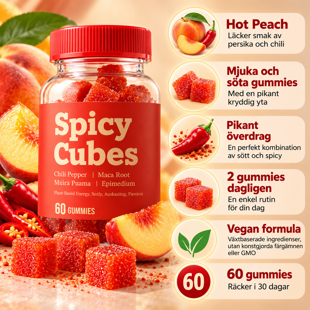 Spicy Cubes Hot Peach Gummies – Persika & Chili med Macarot, 60 st