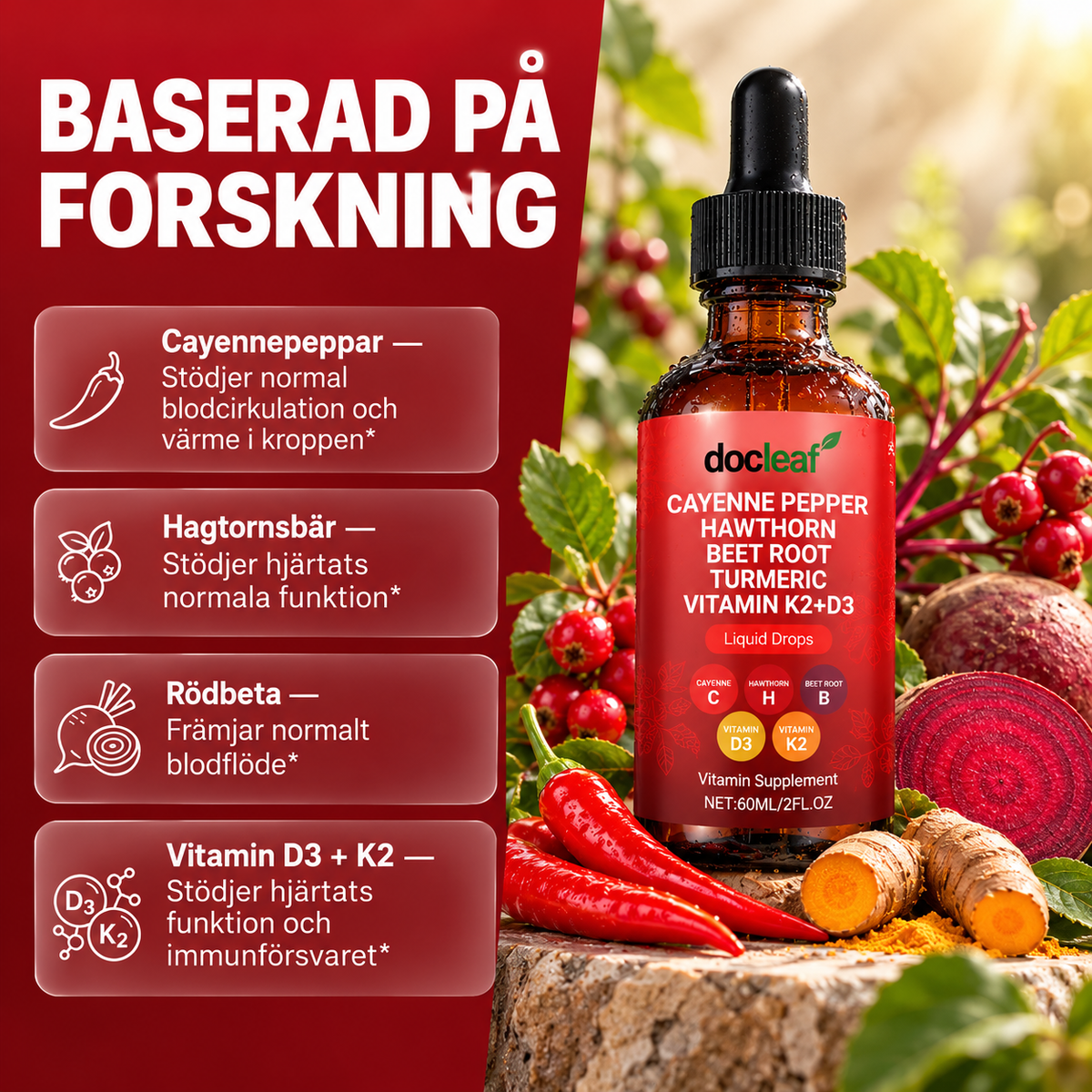 Cayennepeppar Droppar med Hagtorn, Rödbeta, Gurkmeja, Vitamin D3 + K2 – 60 ml