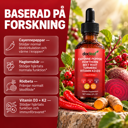 Cayennepeppar Droppar med Hagtorn, Rödbeta, Gurkmeja, Vitamin D3 + K2 – 60 ml
