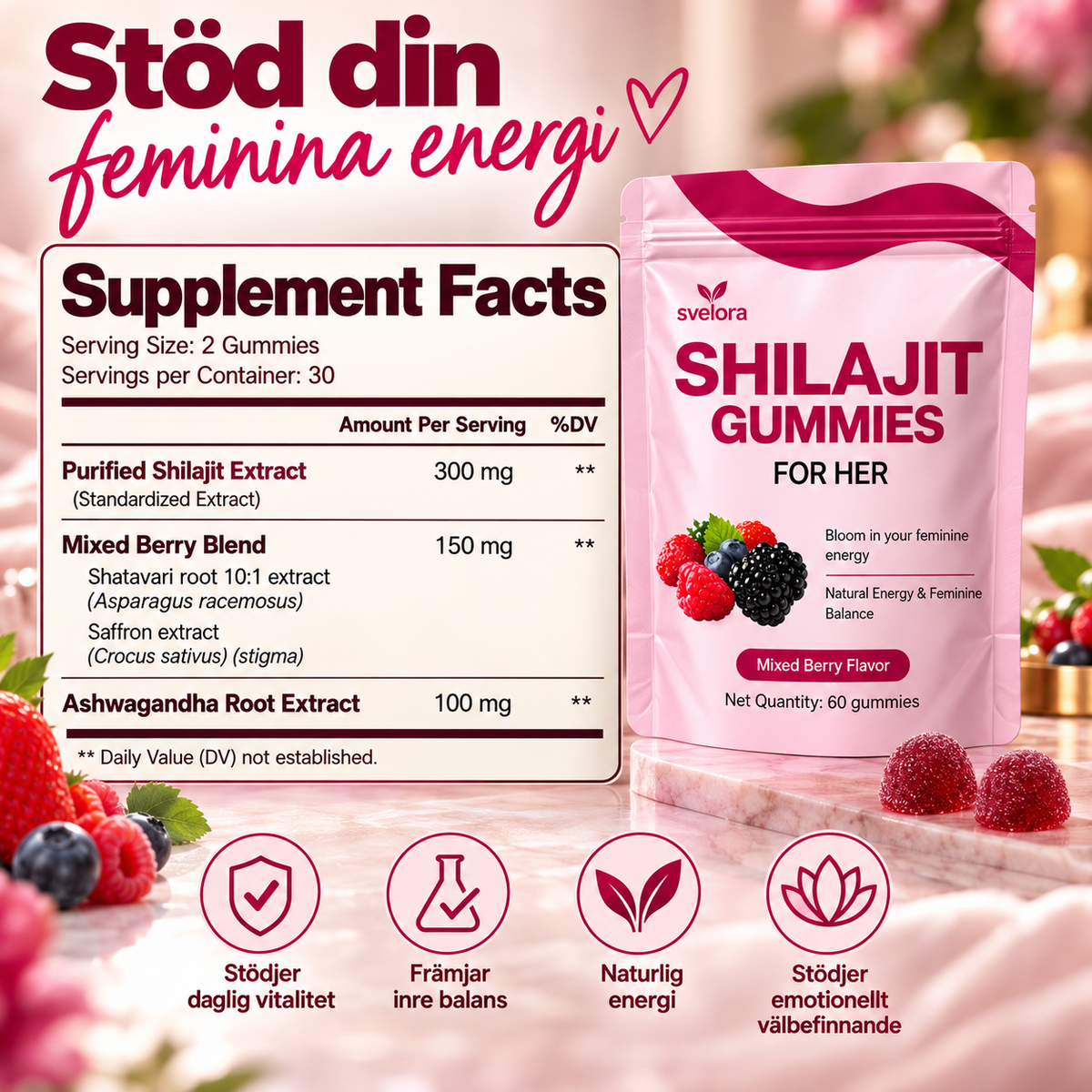 Shilajit Gummies för Kvinnor med Shatavari, Saffran & Ashwagandha – 60 st