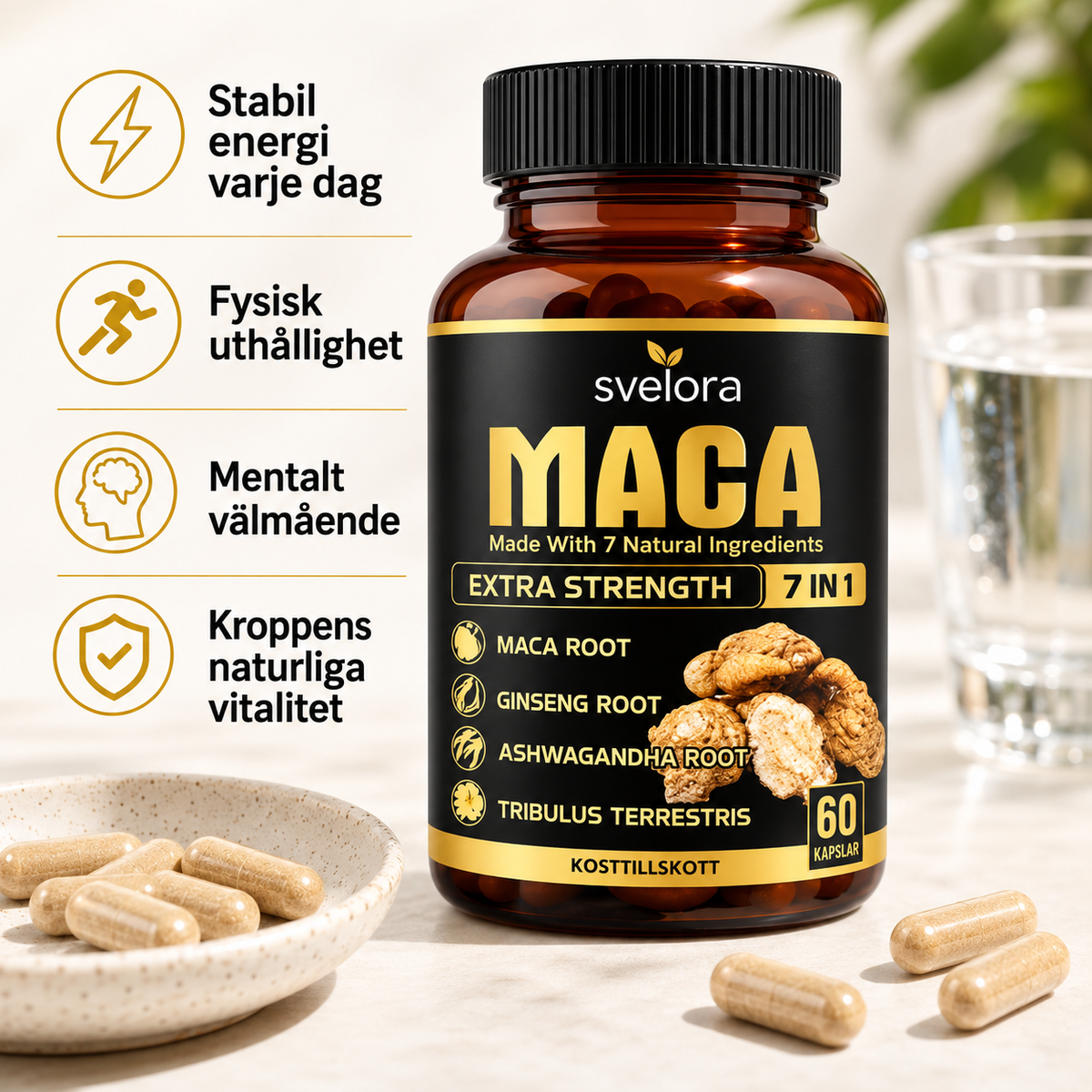 Maca Root 7-in-1 med Ginseng, Ashwagandha & Tribulus – 60 Kapslar