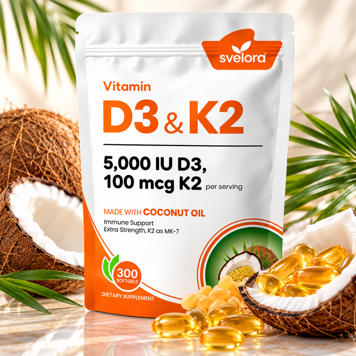 Vitamin D3 + K2 5000 IE & 100 µg MK-7 – Med Kokosolja – 300 Mjuka Kapslar