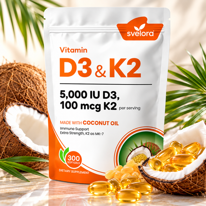 Vitamin D3 + K2 5000 IE & 100 µg MK-7 – Med Kokosolja – 300 Mjuka Kapslar