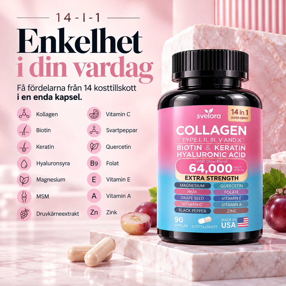 Collagen 14-i-1 – Kollagen med Biotin, Keratin, Hyaluronsyra & Vitaminer – Kapslar