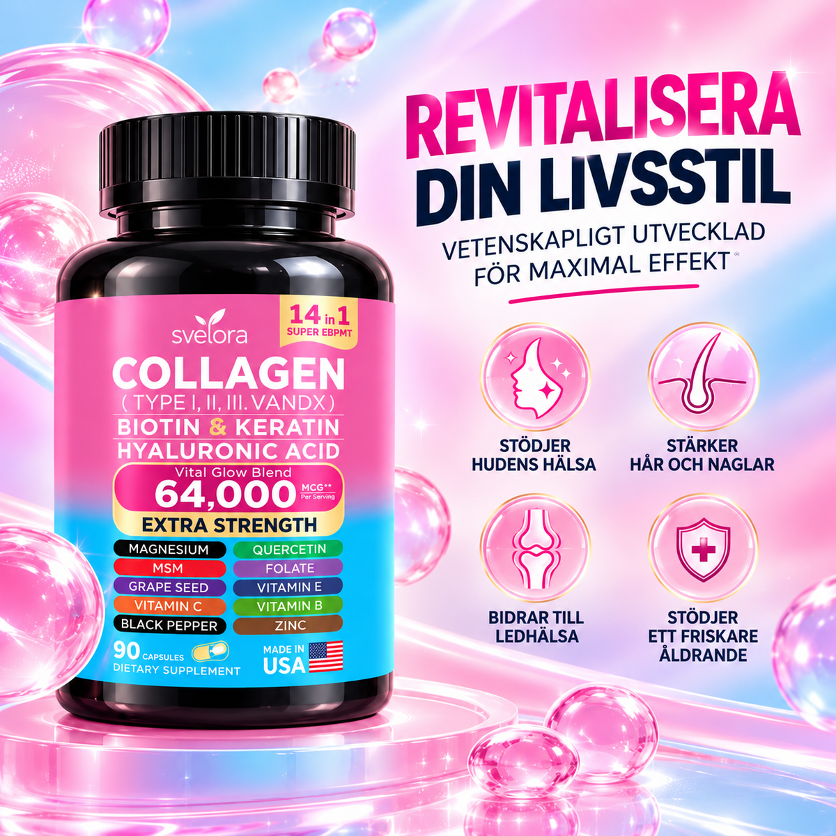 Collagen 14-i-1 – Kollagen med Biotin, Keratin, Hyaluronsyra & Vitaminer – Kapslar
