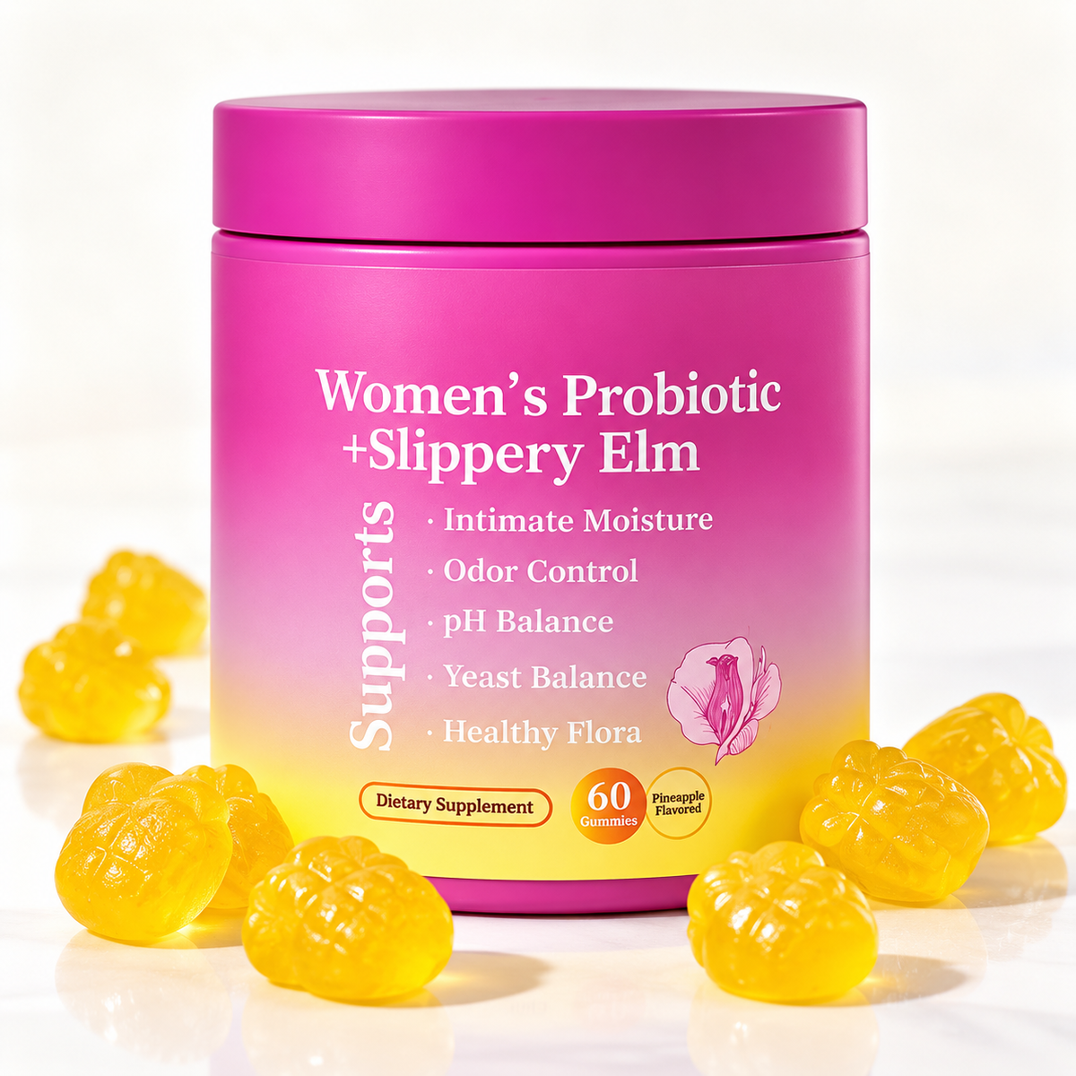 Lactobacillus Gummies för Kvinnor med Slippery Elm, Prebiotika & Ananasextrakt – 60 st