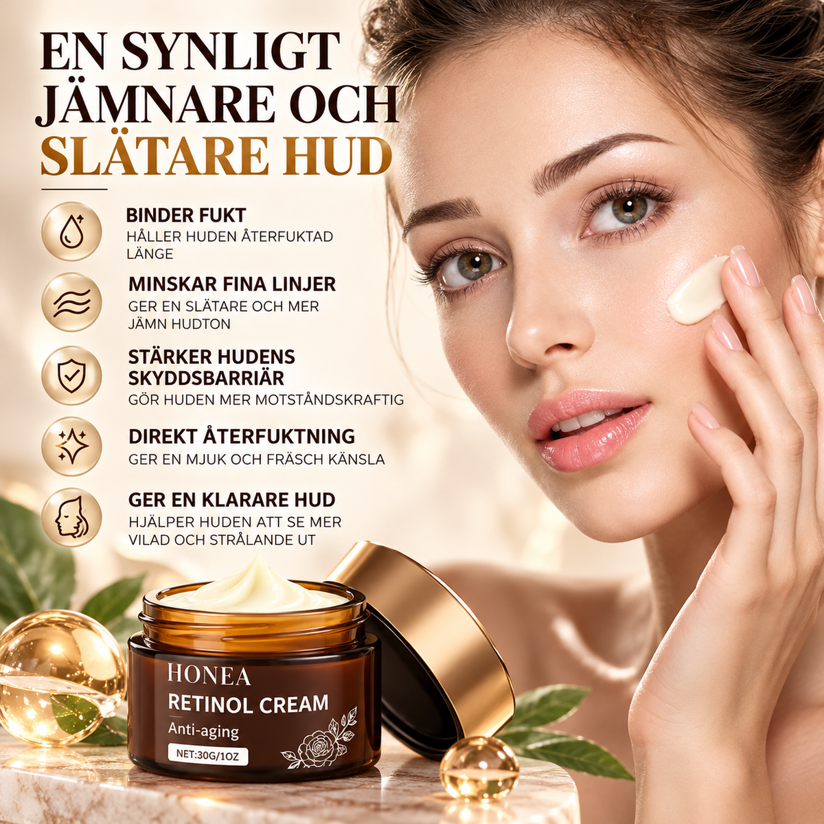 Retinol Ansiktskräm – Anti-Age med Vitamin C, Peptider & Hyaluronsyra – 30 g