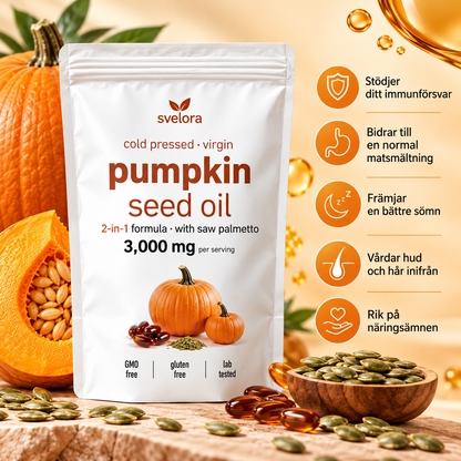 Pumpafröolja med Sågpalmetto – 3000 mg + 500 mg – 180 Mjuka Kapslar – Kallpressad