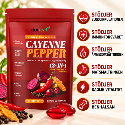 Cayennepeppar 12-i-1 Kapslar – Växtextrakt, Vitamin D3, K2 & E, 180 st