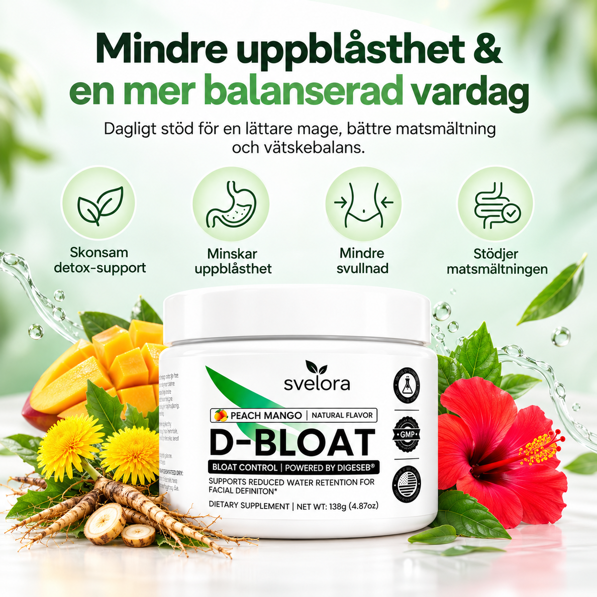 D-Bloat Kosttillskott Pulver – Persika & Mango – Maskros, Nässla, Hibiskus, Magnesium & Vitamin C – 30 Portioner
